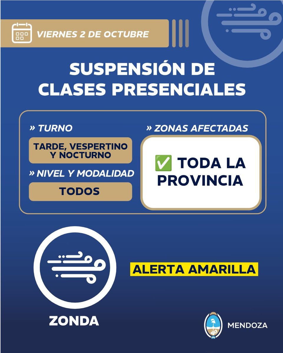 MzaDGE's tweet photo. ⚠️ Viernes 2 de octubre - Turno tarde, verpertino y nocturno.

Debido a alerta amarilla por condiciones de viento zonda, se suspenden las clases presenciales en:   

✅Toda la provincia

💻 Las actividades serán virtuales

https://t.co/i2EZJ8Egs3 https://t.co/TrAA8oK2BU