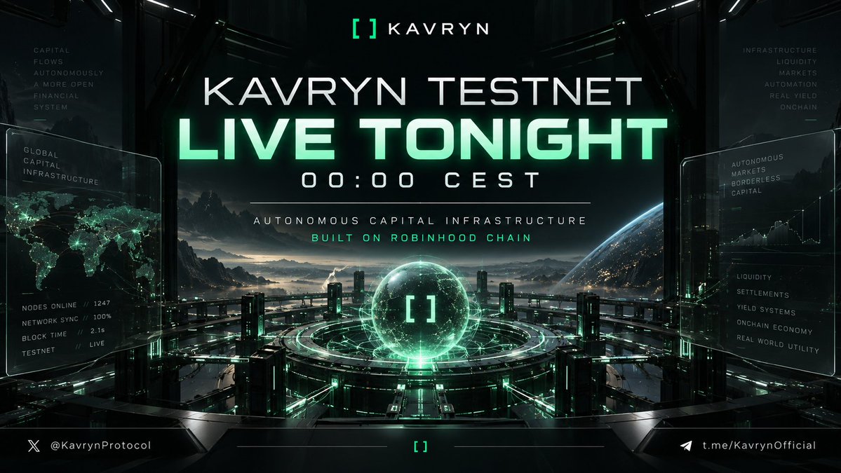 KavrynProtocol's tweet photo. KAVRYN TESTNET GOES LIVE TONIGHT.

00:00 CEST.

The control layer for autonomous capital is coming online on Robinhood Chain.

Real accounts.  
Real policies.  
Real execution controls.  
Real onchain enforcement.

This is the first public step toward autonomous capital infrastructure.

Tomorrow, we move into the next phase.

X: @KavrynProtocol  
Telegram: https://t.co/v3qoXvT2vJ

[ ] KAVRYN