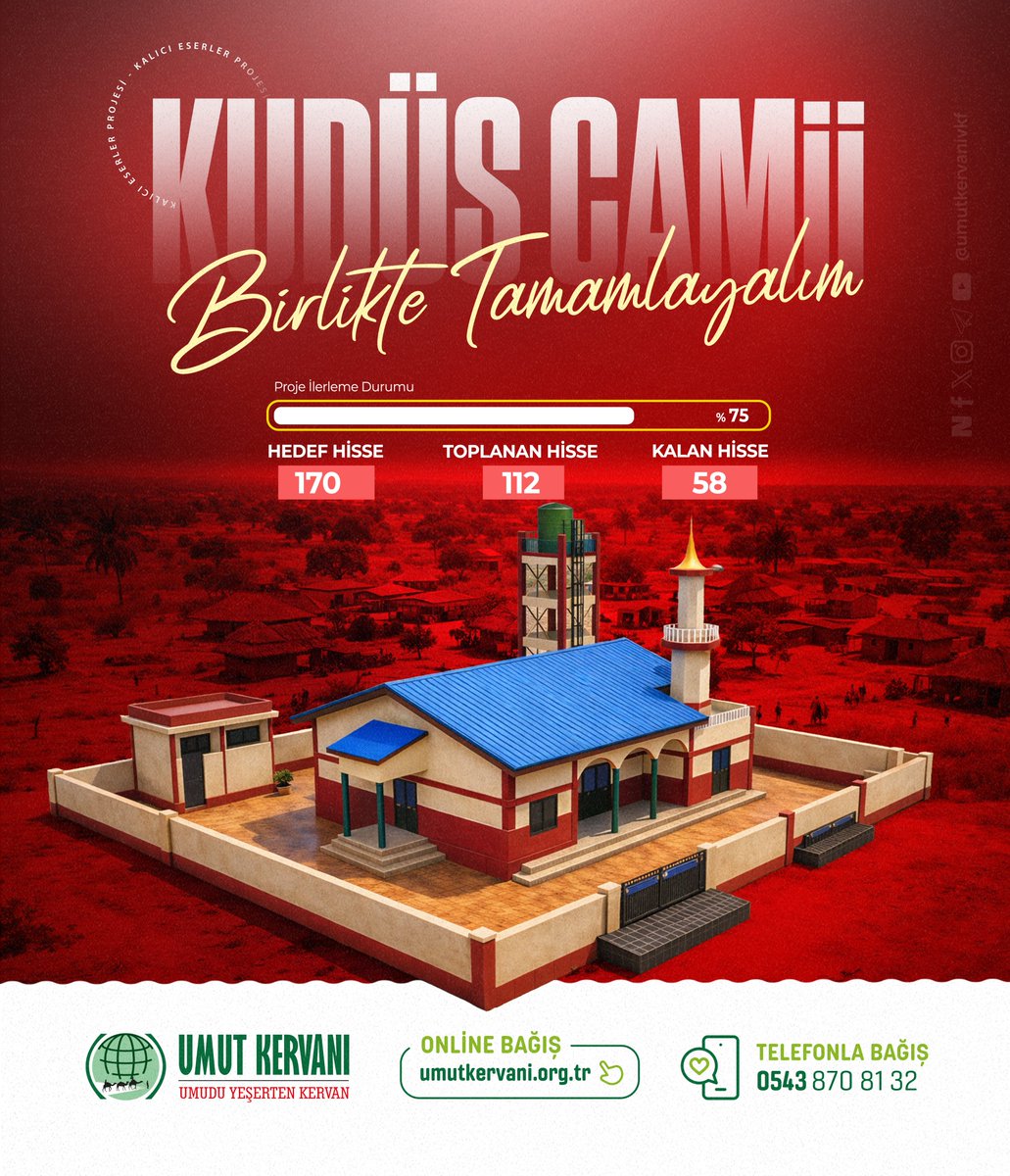 umutkervanivkf's tweet photo. Afrika’da Kudüs Camii İçin Son Hisseler

Afrika’da inşa edeceğimiz Kudüs Camii Projesi’nin %75’lik hissesi tamamlandı. Kalan hisseler için desteğinizi bekliyoruz.

20 Ekim’de temel atma programı için Afrika’ya gidiyoruz. Siz de bu hayırlı esere ortak olun, Kudüs Camii’nin temelinde sizin de bir katkınız olsun.