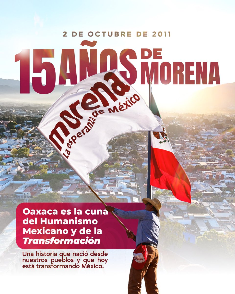 salomonj's tweet photo. Hace 15 años nació Morena como asociación civil, resultado de muchos años de lucha y organización del pueblo, bajo el liderazgo del Lic. Andrés Manuel López Obrador (@lopezobrador_).

Oaxaca es cuna del Humanismo Mexicano y de la Transformación. Seguiremos honrando los principios que dieron origen a nuestro movimiento.

Con el pueblo todo, sin el pueblo nada.
