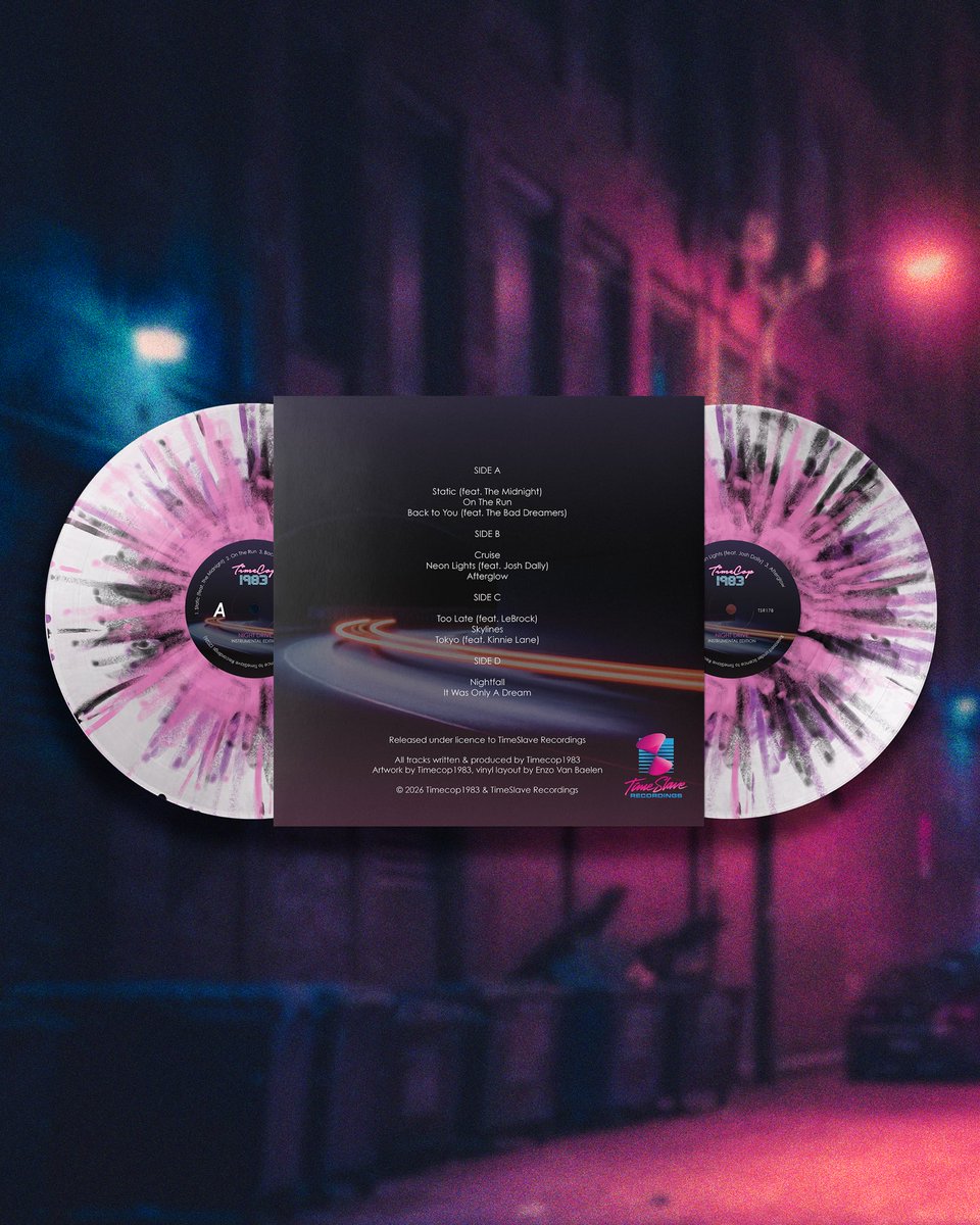 TimeSlaveRec's tweet photo. Instrumental Edition of @Timecop1983's seminal album - Night Drive

- 2xLP Clear Vinyl (w/ Pink, Purple and Black Splatter)
- Pressed by DMS
- Expected to ship 30th Nov

https://t.co/tHYiKHWwjW

Ltd quantity for EU customers via @HiraethRecords 
https://t.co/iOUfXDuZcn https://t.co/IZFQkfgD11