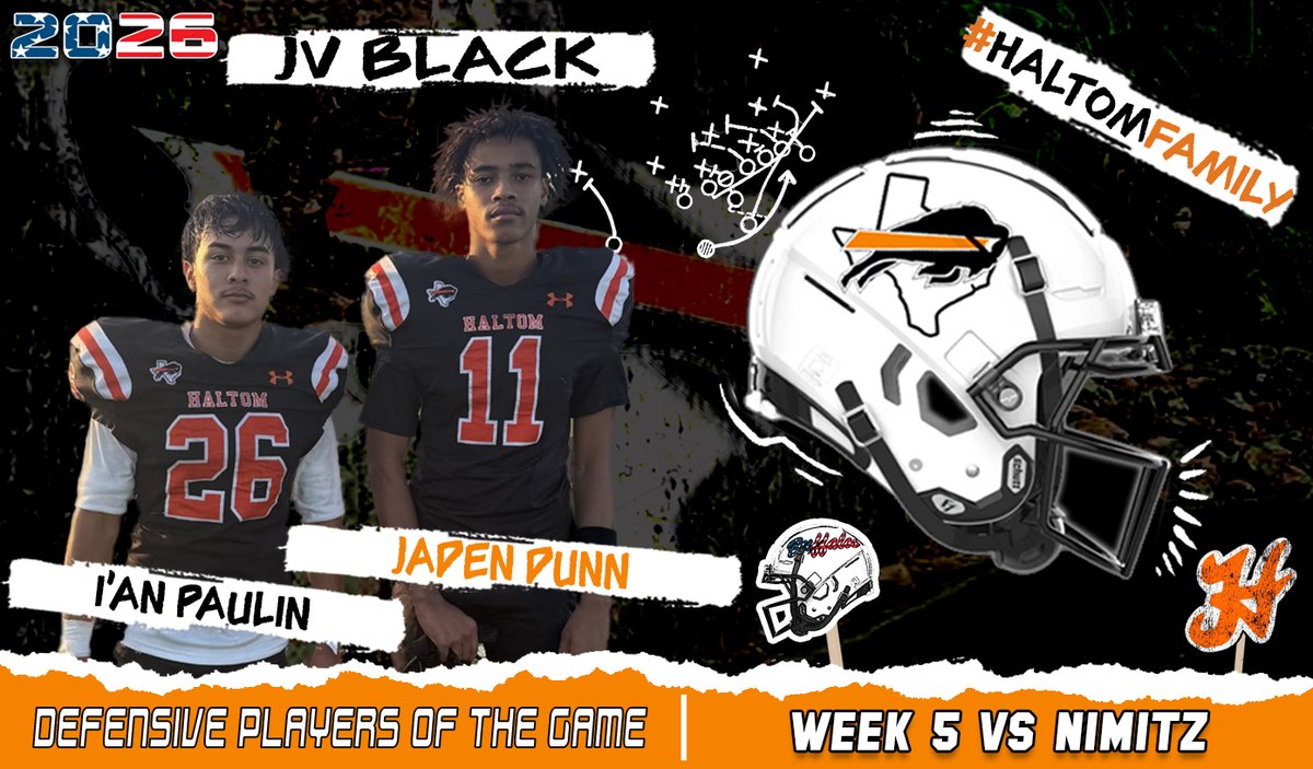 Coach_JWTucker's tweet photo. Week 6 - JV Black Team Defensive Players of the Game are I'an Paulin &amp; Jaden Dunn.
#HaltomFamily @HHSBuffFootball https://t.co/q4FuhGHjky