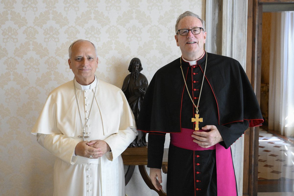 BishopBarron's tweet photo. Friends, I’m deeply grateful for Pope Leo XIV’s warm welcome and time during our productive conversation yesterday. It was a privilege to spend time with the Holy Father. https://t.co/CUTn4LxOT4
