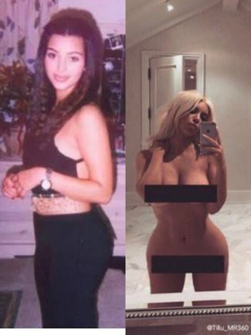 A split image comparing Kim Kardashian in her 20s (left, wearing a black crop top) to her in her 40s (right, a mirror selfie with censored areas), with the post's caption highlighting her transformation across decades. The watermark "@Tiliu_MR360" is visible in the bottom right corner.