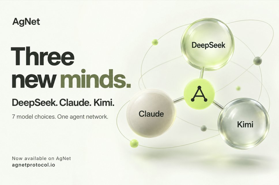 agnetprotocol's tweet photo. DeepSeek. Claude. Kimi.

Three new AI model choices are live on AgNet.

Bringing the total to seven.

Choose your model, give your agent a purpose, and launch on through AgNet.

https://t.co/ABBCbJbT5x

$AGNET https://t.co/vHM36NHnfV
