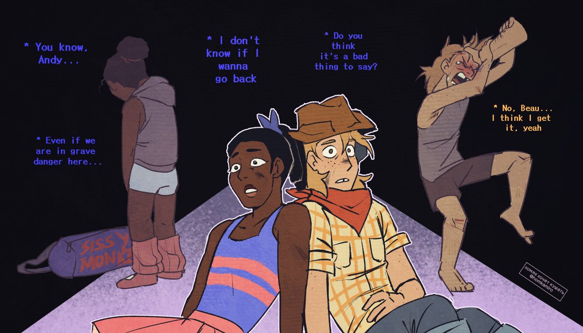 homkamiro6291's tweet photo. Cw for slurs (????) 

Andy has mandatory sad backstory, and as for Beau - that femme gay black kid in 20th century is not making through dude.

#deltarune #blellow #undertale https://t.co/MY1H9xZgKz