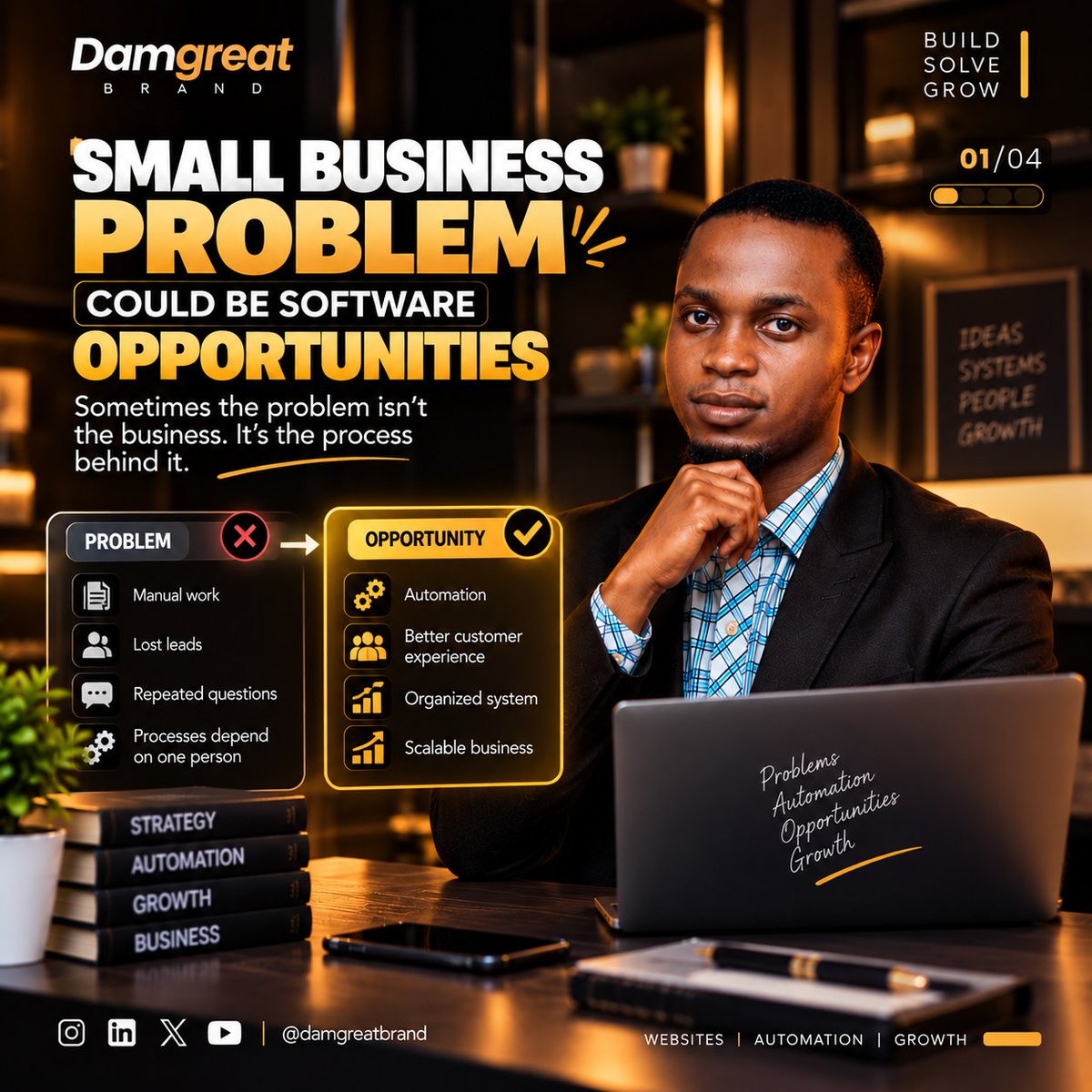 damgreatbrand's tweet photo. Small business problems could be software opportunities.

Sometimes the problem isn't the business.

It's the process behind it.

Here are 4 things I look for when scouting a business:

1️⃣Too much manual work
2️⃣Repeated customer questions
3️⃣Lost leads
4️⃣Dependence on one person https://t.co/gHVeyGsLe2