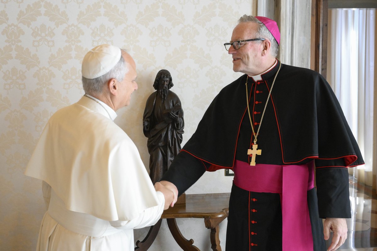 BishopBarron's tweet photo. Friends, I’m deeply grateful for Pope Leo XIV’s warm welcome and time during our productive conversation yesterday. It was a privilege to spend time with the Holy Father. https://t.co/CUTn4LxOT4
