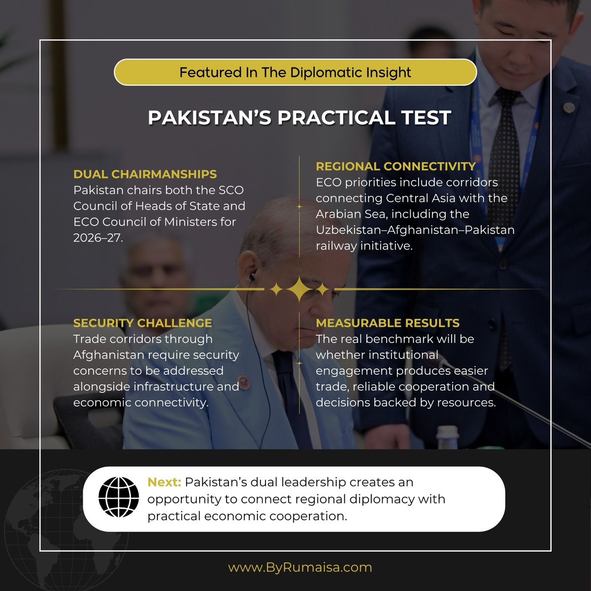 1Rumaisaa's tweet photo. Diplomacy creates opportunities, but institutions are ultimately measured by what they deliver.

The UN, SCO and ECO provide overlapping platforms for political dialogue, regional coordination and economic cooperation. Yet the central challenge remains the same. https://t.co/VxoQGg0Gxp