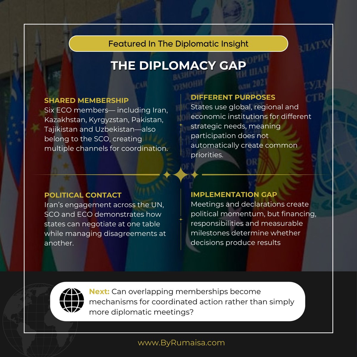 1Rumaisaa's tweet photo. Diplomacy creates opportunities, but institutions are ultimately measured by what they deliver.

The UN, SCO and ECO provide overlapping platforms for political dialogue, regional coordination and economic cooperation. Yet the central challenge remains the same. https://t.co/VxoQGg0Gxp