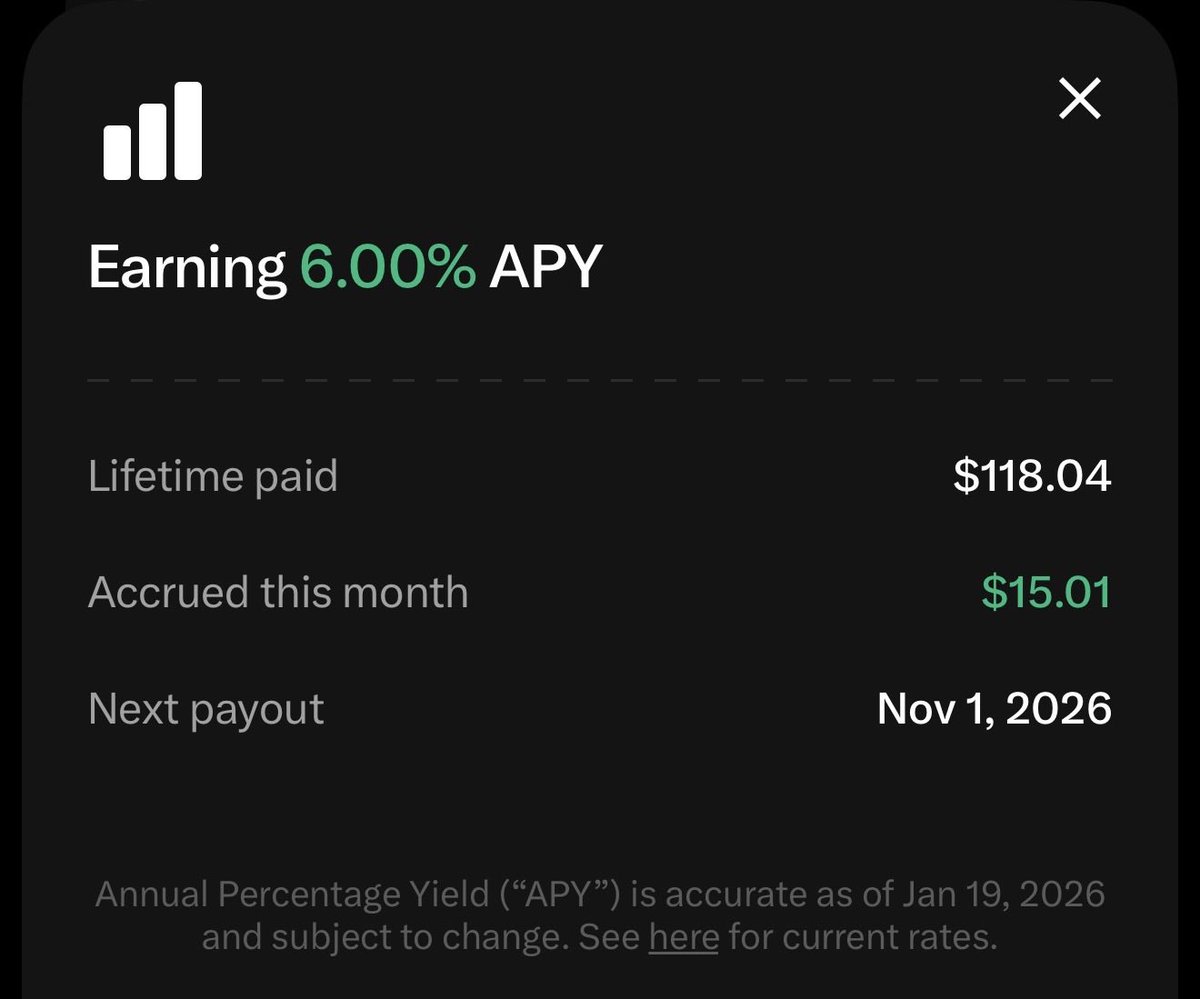 TotallyLocoMoto's tweet photo. Confirmed that once you’ve gotten into @Xmoney and received your qualifying direct deposit ($1,000 within 31 days)  you can reduce or completely unsubscribe and keep your 6% APY.

My path:

Saw the 50% offer to get @X premium for 50% off for the first two months. Which was $4.

During that time I was invited to @Xmoney and received the $15 welcome gift and invited to design and order my metal debit card. 

Because of this I upgraded to the $40 plan I order to boost my APY from 4% to 6%, we had raised a significant sum( for us) so it more than paid off to park our cash for our @robotaxi Cybercab fleet even with the price tag.

Then in the same month after reconciling the benefits of the checking account I decided to take them up on their offer to redirect my paycheck direct deposit to @Xmoney, which also boosts you from 4% to 6% APY without needing to pay for premium+ or premium. 

From there I went ahead and changed my subscription to a free account. 

Happy to report I retained my 6% and as a nice unexpected surprise I saw that @Xmoney gave me the 50% discount thru promised on my $8 premium plan on my $40 premium+ plan, meaning I was only billed $20 for the boost. 

All together I’m very pleased. 

It cost me $20 to earn $118 in interest, netting $98. 

Next month under my free account we’ll be able to enjoy 100% of the profit! 

Thanks @elonmusk and @xmoney