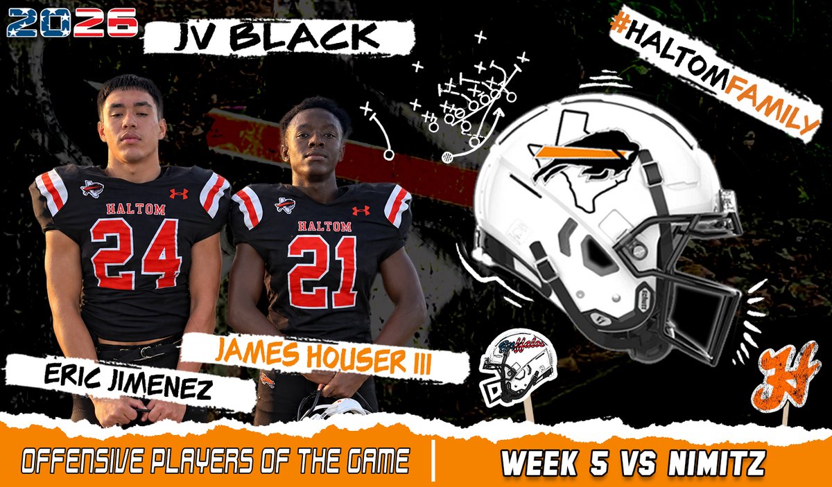 Coach_JWTucker's tweet photo. Week 6 - JV Black Team Offensive Players of the Game are Eric Jimenez &amp; James Houser III.
#HaltomFamily @HHSBuffFootball https://t.co/jNIQfARieb