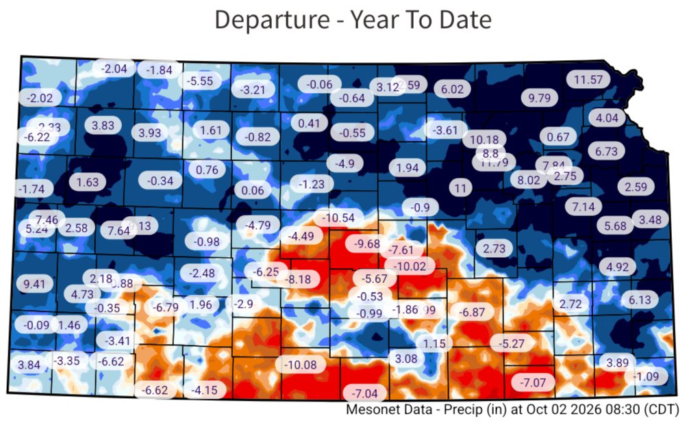 ksmesonet's tweet photo. Incredible amount of rain the last seven days! Some places saw a surplus of 4-5" above normal for the week. However, still some work to do for southern Kansas to alleviate drought impacts... #kswx https://t.co/6jH79EM46B