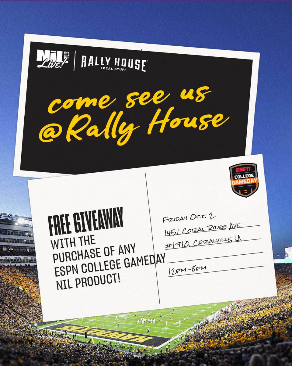 IowaNILStore's tweet photo. We are live at @Rally_House today! 

Come see us and get a free custom ESPN hat or tote with the purchase of a product from our ESPN College GameDay collection! https://t.co/WGhe6CRbGg