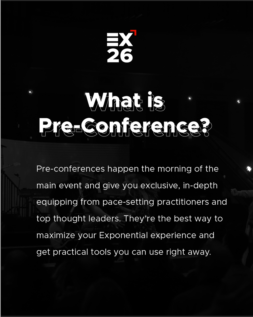 exponentialus's tweet photo. Your National Conference experience just got an upgrade... FREE. 🙌

For one week only, register for Exponential National Conference | West or Central and get a Pre-Conference FREE with code FREEPRECON.

Already registered? You can upgrade your existing ticket and add a Pre-Conference for free, too!

Come a day early and go deeper with practical, in-depth equipping on topics like multiplying leaders, AI, women in leadership, multiethnic ministry, reproducing networks, spiritual health, and more.

📍 WEST | October 27–29 | Castro Valley, CA
📍 CENTRAL | November 10–12 | Naperville, IL

Use code FREEPRECON

Offer ends October 8 at 11:59 p.m.

Register + explore Pre-Conference options at https://t.co/cPPWYMy3dn.