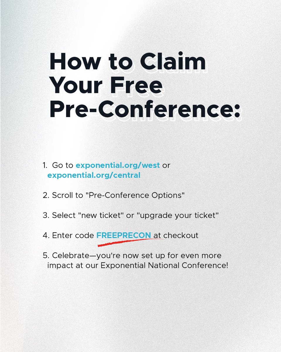 exponentialus's tweet photo. Your National Conference experience just got an upgrade... FREE. 🙌

For one week only, register for Exponential National Conference | West or Central and get a Pre-Conference FREE with code FREEPRECON.

Already registered? You can upgrade your existing ticket and add a Pre-Conference for free, too!

Come a day early and go deeper with practical, in-depth equipping on topics like multiplying leaders, AI, women in leadership, multiethnic ministry, reproducing networks, spiritual health, and more.

📍 WEST | October 27–29 | Castro Valley, CA
📍 CENTRAL | November 10–12 | Naperville, IL

Use code FREEPRECON

Offer ends October 8 at 11:59 p.m.

Register + explore Pre-Conference options at https://t.co/cPPWYMy3dn.