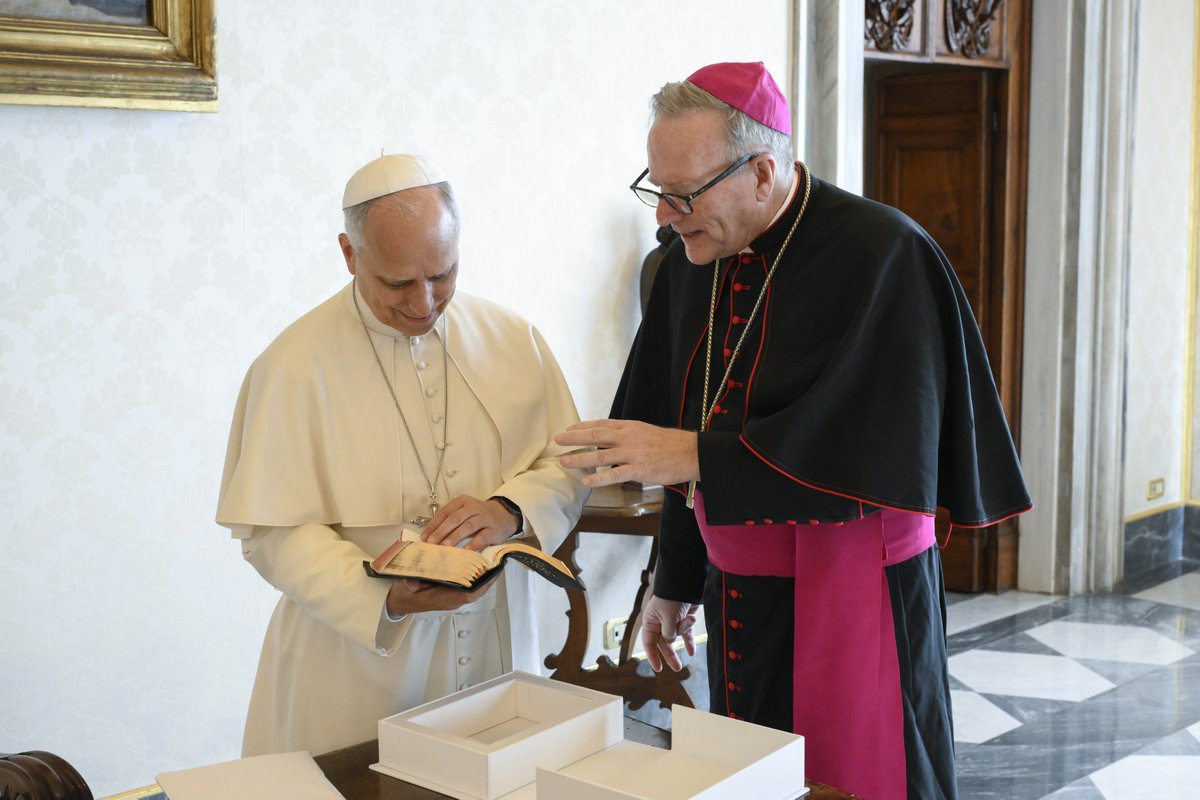 BishopBarron's tweet photo. Friends, I’m deeply grateful for Pope Leo XIV’s warm welcome and time during our productive conversation yesterday. It was a privilege to spend time with the Holy Father. https://t.co/CUTn4LxOT4