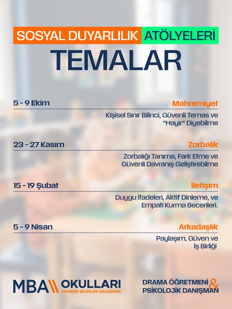 SabriyeEngin's tweet photo. MBA Okulları Anaokulu, İlkokul 1 ve 2. Sınıf Öğrencilerine özel “Sosyal Duyarlılık Atölyeleri” MBA Drama Öğretmenleri ve Psikolojik Danışmanları rehberliğinde MBA Kampüslerinde başlıyor!

#SenDeGel https://t.co/97Kw25WSJ3