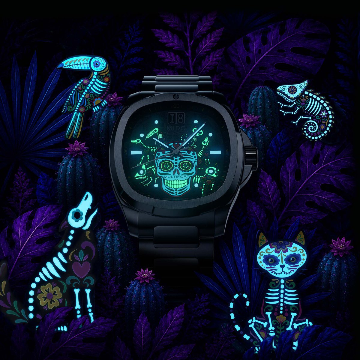 aBlogtoWatch's tweet photo. The new Multifort TV Big Date Día de los Muertos Alebrijes introduces its colorful calavera motif to the retro-inspired Multifort TV collection for the first time, bringing a distinctly Mexican character to one of the brand’s most recognizable contemporary designs.

Observed on November 1 and 2, Día de los Muertos, or Day of the Dead, is a Mexican holiday honoring deceased loved ones through colorful celebrations rooted in Indigenous and Catholic traditions. Families create ofrendas, or altars, decorated with photographs, marigolds, candles, and offerings to welcome the spirits of the departed. UNESCO recognized the tradition as Intangible Cultural Heritage in 2008.

The centerpiece of the Multifort TV Big Date Día de los Muertos Alebrijes is its elaborate gray-to-black gradient dial. A colorful calavera occupies the center of the composition, surrounded by fantastical animal figures inspired by Mexican alebrijes. Twelve different lacquers create the intricate multicolored artwork, while animal motifs engraved in negative relief introduce additional texture and depth with the addition of three colors of Swiss Super-LumiNova, taking on a different appearance in the dark. 

The oversized date display remains positioned at 12 o’clock, powered by Mido’s automatic Caliber 90 based on the ETA C07.651. Recessed luminous hour markers and diamond-cut, faceted hands provide the essential timekeeping indications. Even the date mechanism receives a thematic detail: the numeral 1 is shaped like a bone, carrying the Día de los Muertos inspiration into one of the watch’s defining mechanical features.

With its combination of traditional cultural imagery, vibrant dial decoration, and the contemporary Multifort TV case, the Día de los Muertos Alebrijes continues a tradition that has become a distinctive part of Mido’s annual collection.

Discover the Mido Multifort TV Big Date Día de los Muertos Alebrijes now on aBlogtoWatch.

#SponsoredPost