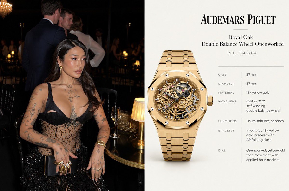 ship_gq's tweet photo. Peggy Gou arriving at Schiaparelli ss27 in fw26 Schiaparelli with an AP Royal Oak Double Balance Wheel Openworked in 18k yellow gold on her wrist  😮‍💨 https://t.co/qM4xU36SIm