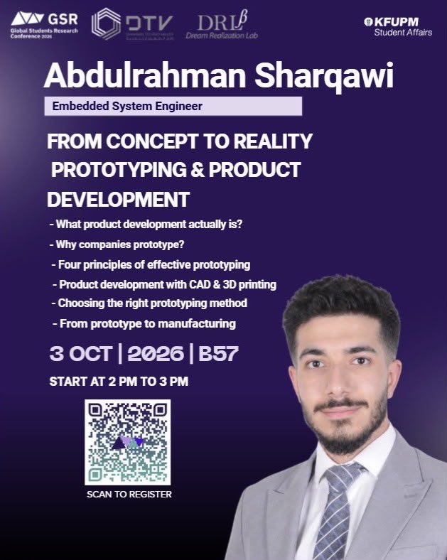 SharqXTech's tweet photo. 💡 فكرتك بتصير منتج حقيقي.

GSR KFUPM Conference تقدّم "ورشة عمل تطوير المنتجات".

تتعلم فيها كيف تحوّل فكرة منتجك إلى واقع ملموس بخطوات عملية من التصميم حتى التصنيع.

👥 المهتمون بتطوير المنتجات والمصممون والمبتكرون
📍 حضوري (مبنى 57، جامعة الملك فهد للبترول والمعادن، الظهران)
🗓️ 3 أكتوبر
⏳ 2:00 – 3:00 مساءً
💸 مجانًا
🔗 التسجيل: https://t.co/AfDQNuPRwf

#SharqX
#نقرّب_الفرص_من_أهلها