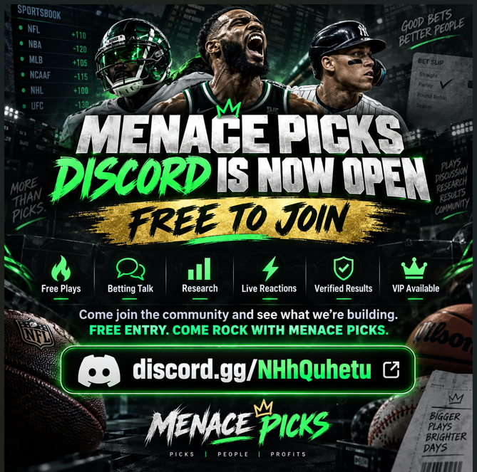 itsluijy's tweet photo. 🚨 MENACE PICKS DISCORD IS NOW OPEN 🚨

Been wanting to build a real community around the picks instead of just posting plays on the timeline.

So I made the Discord FREE to join.

Free plays, betting talk, research, live reactions, results and everything Menace Picks all in one place. 🤝

Come join, lock in with us and see what we’re building.

🔗 https://t.co/AKYUH9b6ke