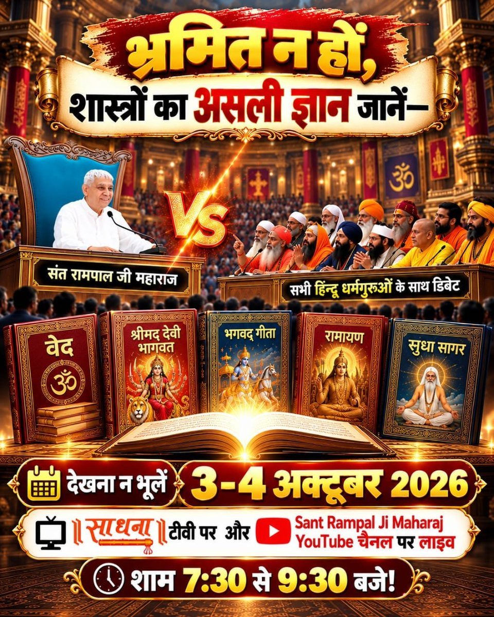 KLChittorgarh's tweet photo. #1DayToGoForHistoricDebate
भ्रमित न हों, शास्त्रों का असली ज्ञान जानें-साधना टीवी पर 3-4 अक्टूबर शाम 7:30 से 9:30 बजे !🙏 
Sant Rampal Ji Maharaj https://t.co/vwakbHkNVv