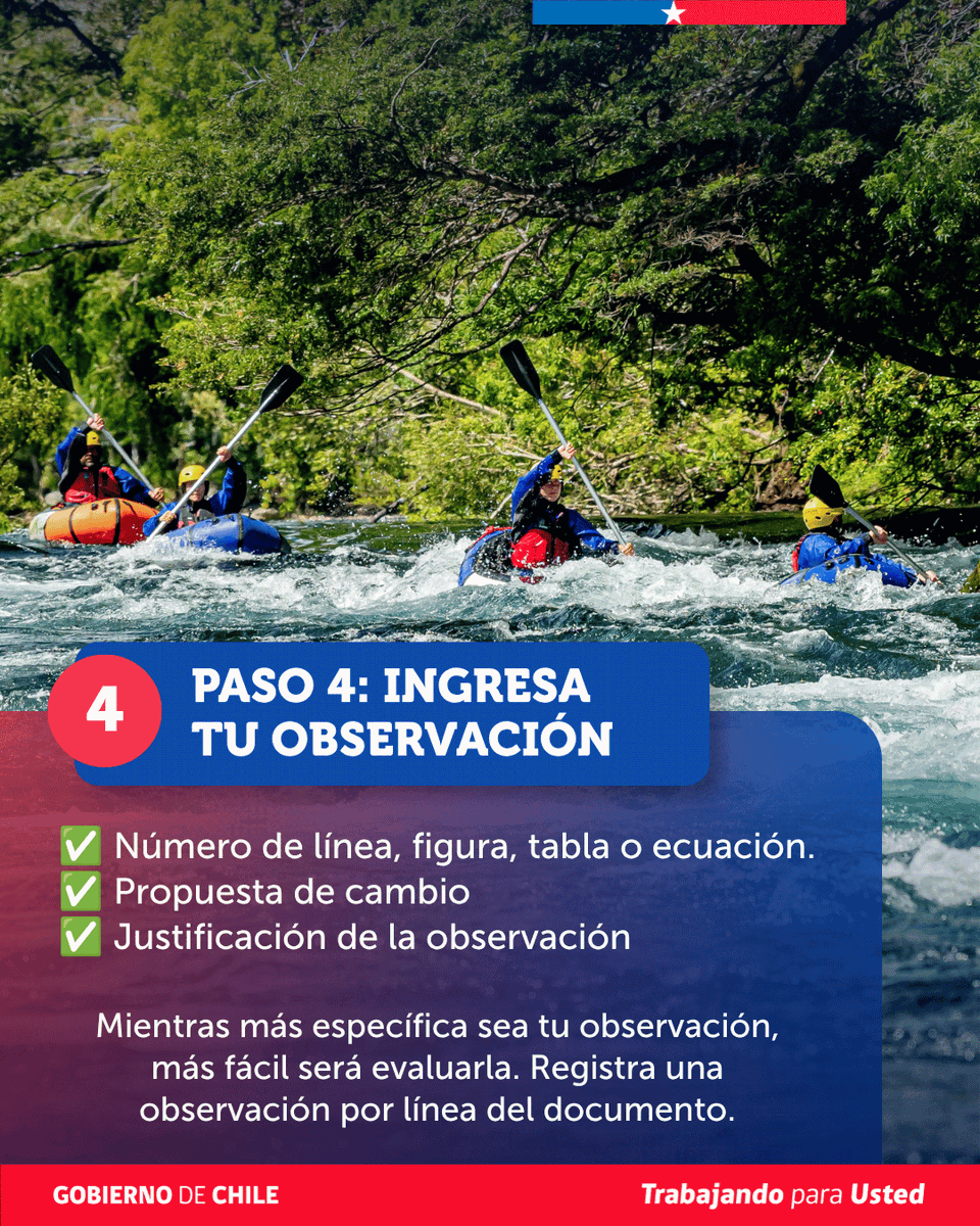 Sernatur's tweet photo. @Sernatur_RM @sernaturcoquimb @sernatur_1 @SernaturLagos @DescubreLosRios @sernatur_valpo @SernaturNuble @SernaturMaule @sernaturaysen @subturismo @Sernatur_XV @Sernatur_IX @SernaturBioBio @Sernatur_VI @SernaturAtacama @Sernatur2 Continuación del paso a paso para participar en la Consulta pública de tres normas técnicas de agua: rafting, canotaje y deslizamientos sobre olas.

🔗https://t.co/diFpWr0jlJ https://t.co/d4TntZGm00