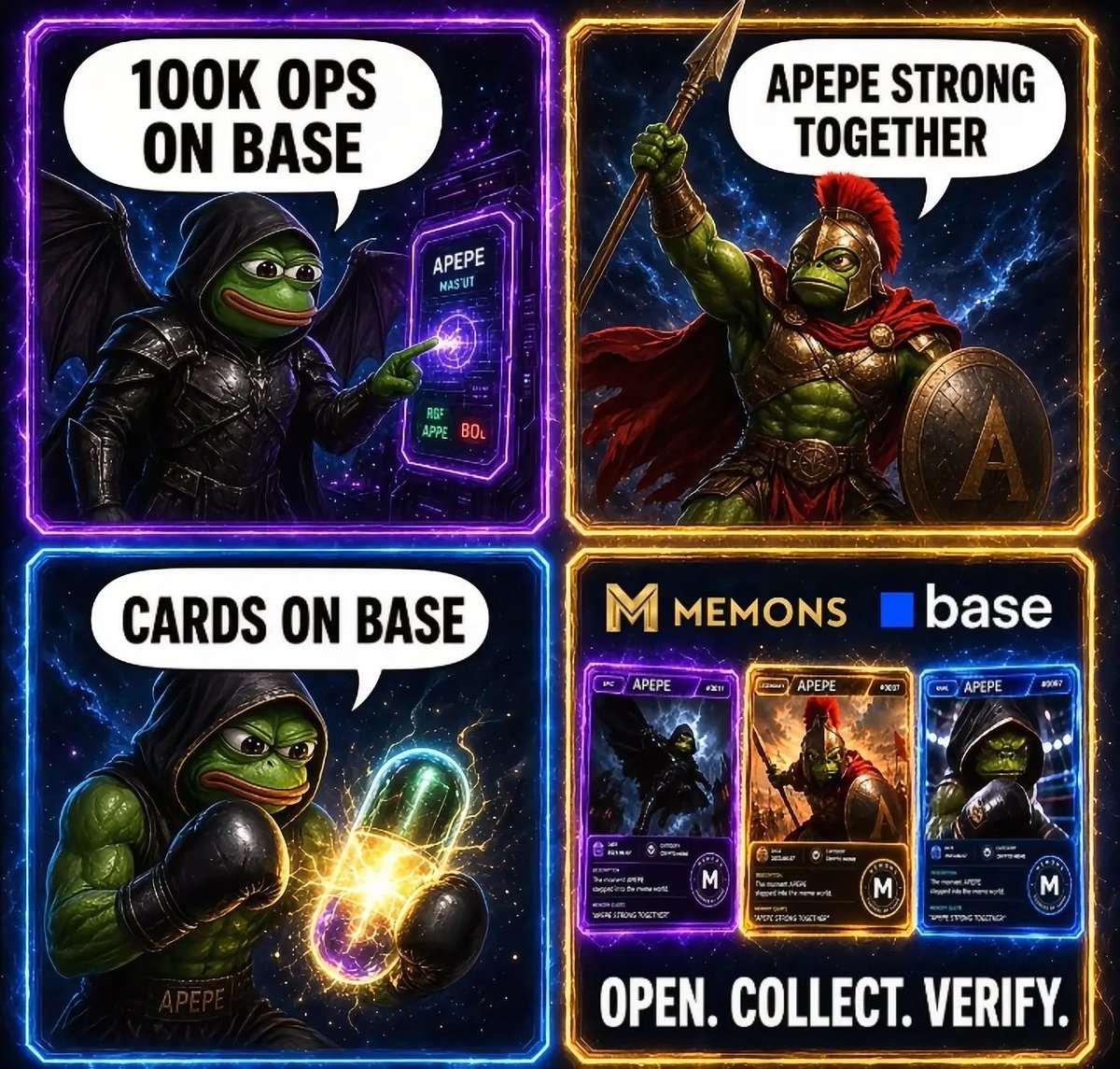 amirenagi18's tweet photo. 100K user ops on Base. The cards are live, the capsules are opening, and the collection keeps growing. APEPE strong together. @apepeofficial
@base
#MEMONSContest #MEMONS #Base #APEPE https://t.co/TL1oIZ84O4