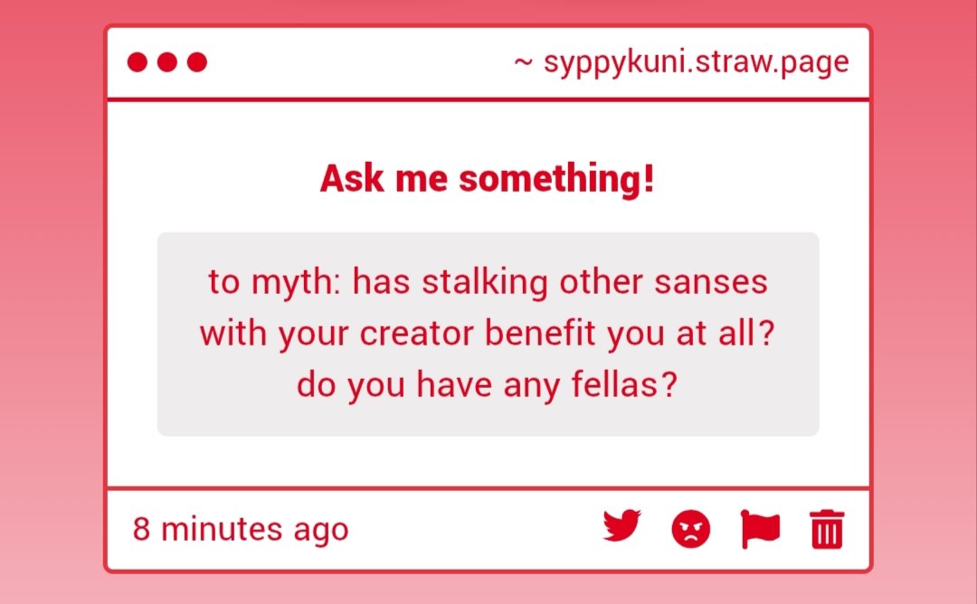 SyppyKuni's tweet photo. Q: To Myth: Has stalking other sanses with your creator benefit you at all? Do you have any fellas? 

Rye belongs to @tkcxa78 https://t.co/MY0aiMZPpa