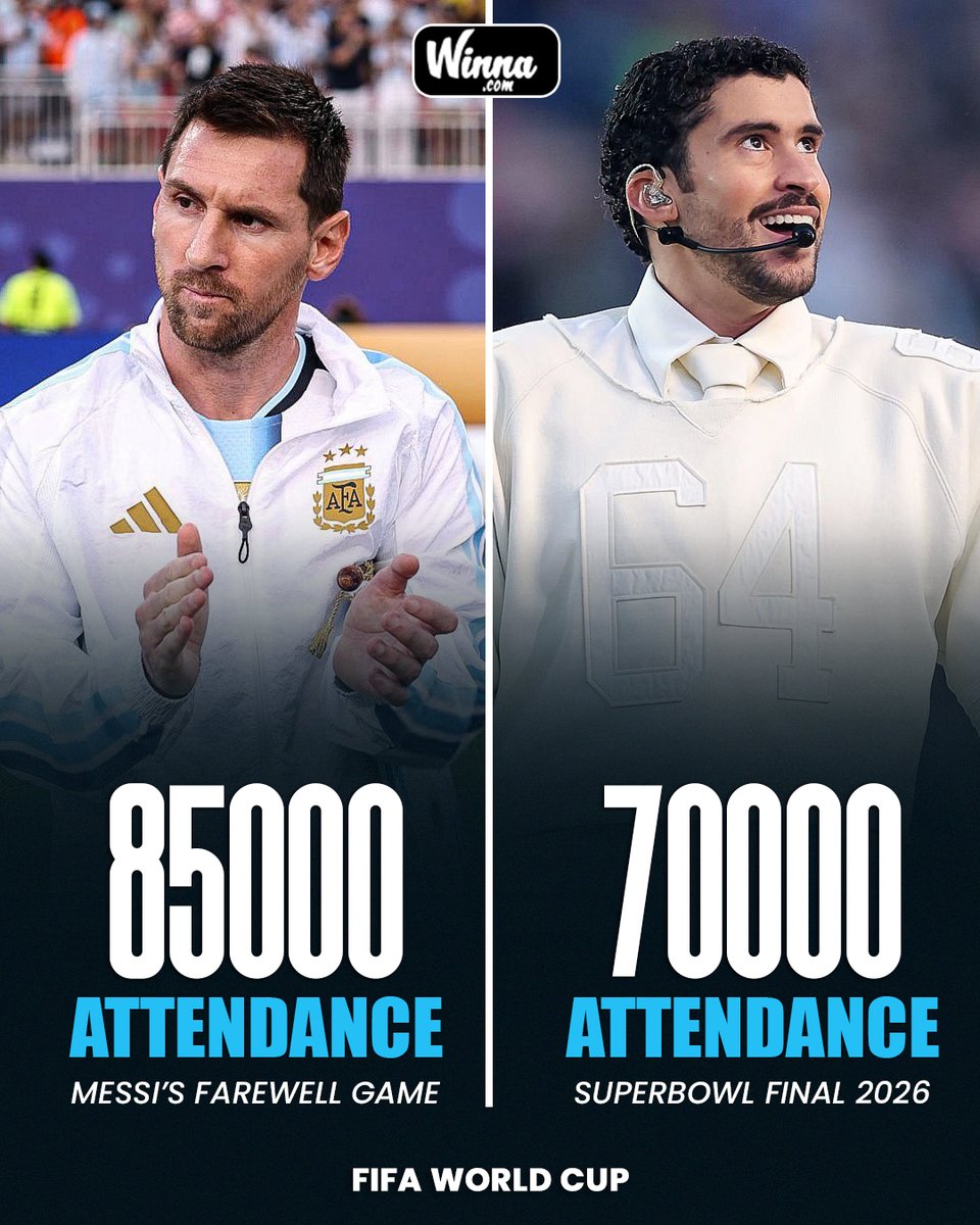 WinnaFC's tweet photo. 🚨|  OFFICIAL: Messi’s final match for Argentina has officially surpassed Super Bowl 2026 in crowd attendance.😳

It is now the biggest sporting event of 2026.🐐 https://t.co/KXCIwT57RA