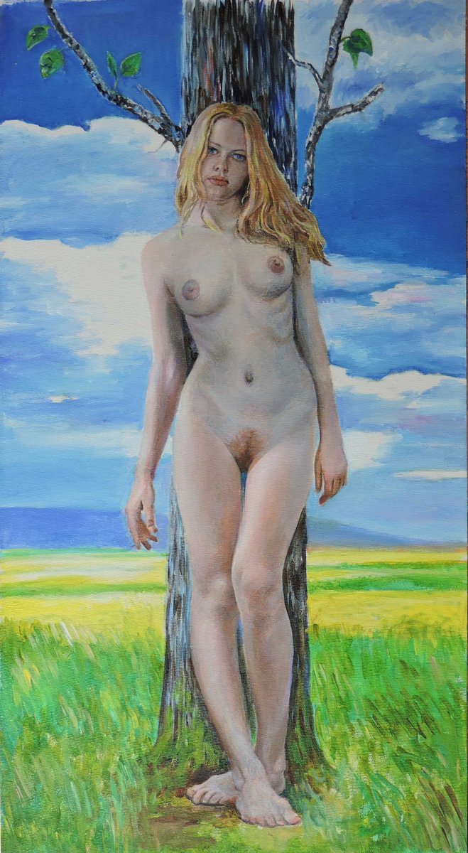 alexlinkovactra's tweet photo. "Persephone, Newly Risen"  
Original oil painting on canvas 
Spring’s queen has just stepped back onto the living earth. The yellow-green field is the first color she sees after the underworld; the high clouds mark the boundary she has crossed. She rules the living world again, yet her gaze still travels downward. Power and homesickness share the same pale body.