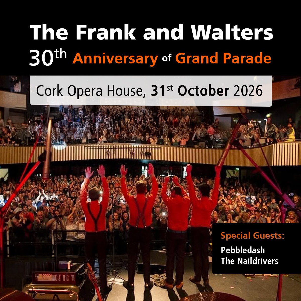 frankandws's tweet photo. 🔊 Gig news! Delighted to announce Cork heroes Pebbledash and The Naildrivers as our special guests for the 30th Anniversary Celebration of ‘Grand Parade’ 
🎃 31st October
🎭 Cork Opera House
🎫 https://t.co/kCihoaFGdi https://t.co/f3MwZd0HgV