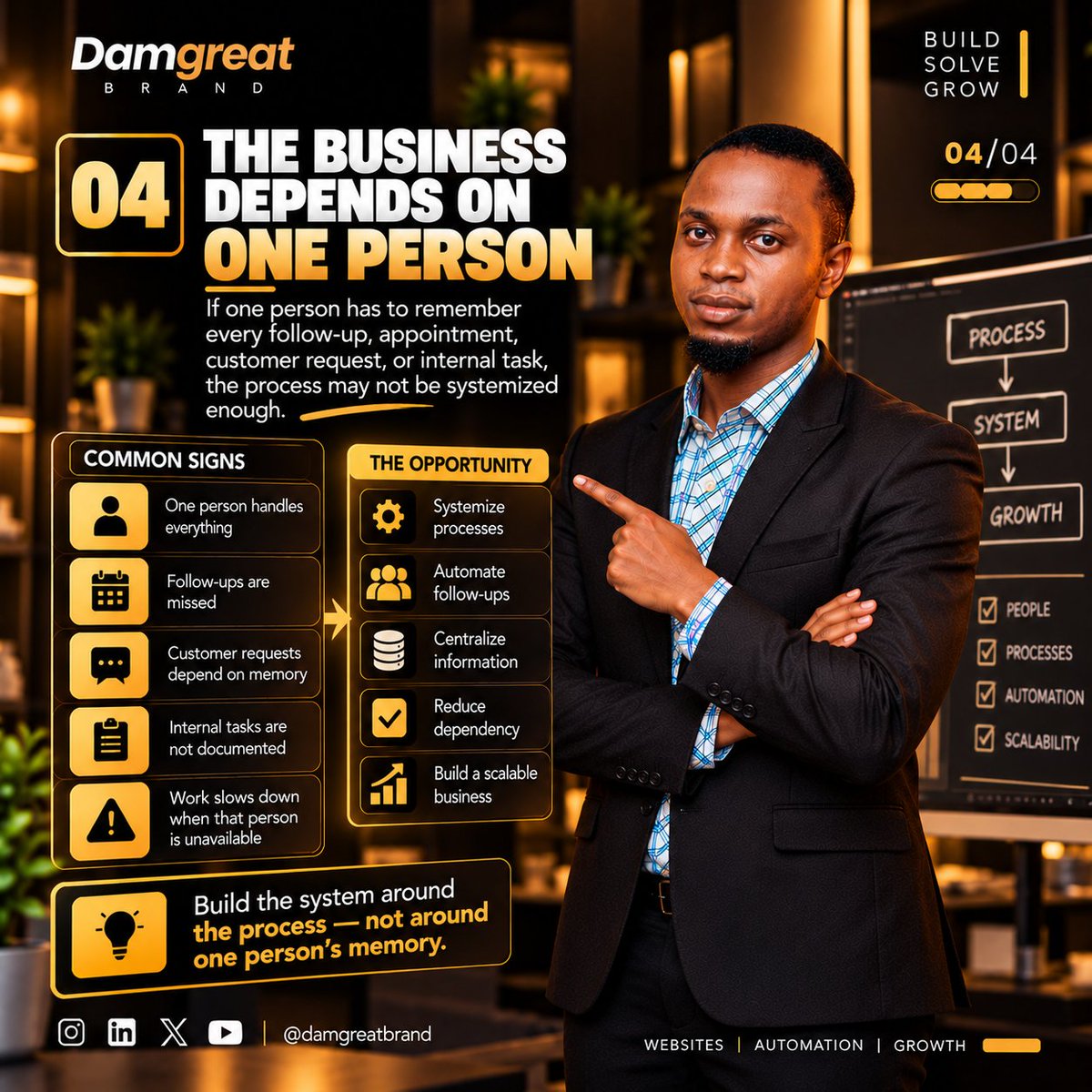 damgreatbrand's tweet photo. THE BUSINESS DEPENDS ON ONE PERSON

If one person has to remember:

→ Follow-ups
→ Appointments
→ Customer requests
→ Internal tasks
the process may need to be systemized.
Build the system around the process — not around one person's memory. https://t.co/y7m3N5puVE