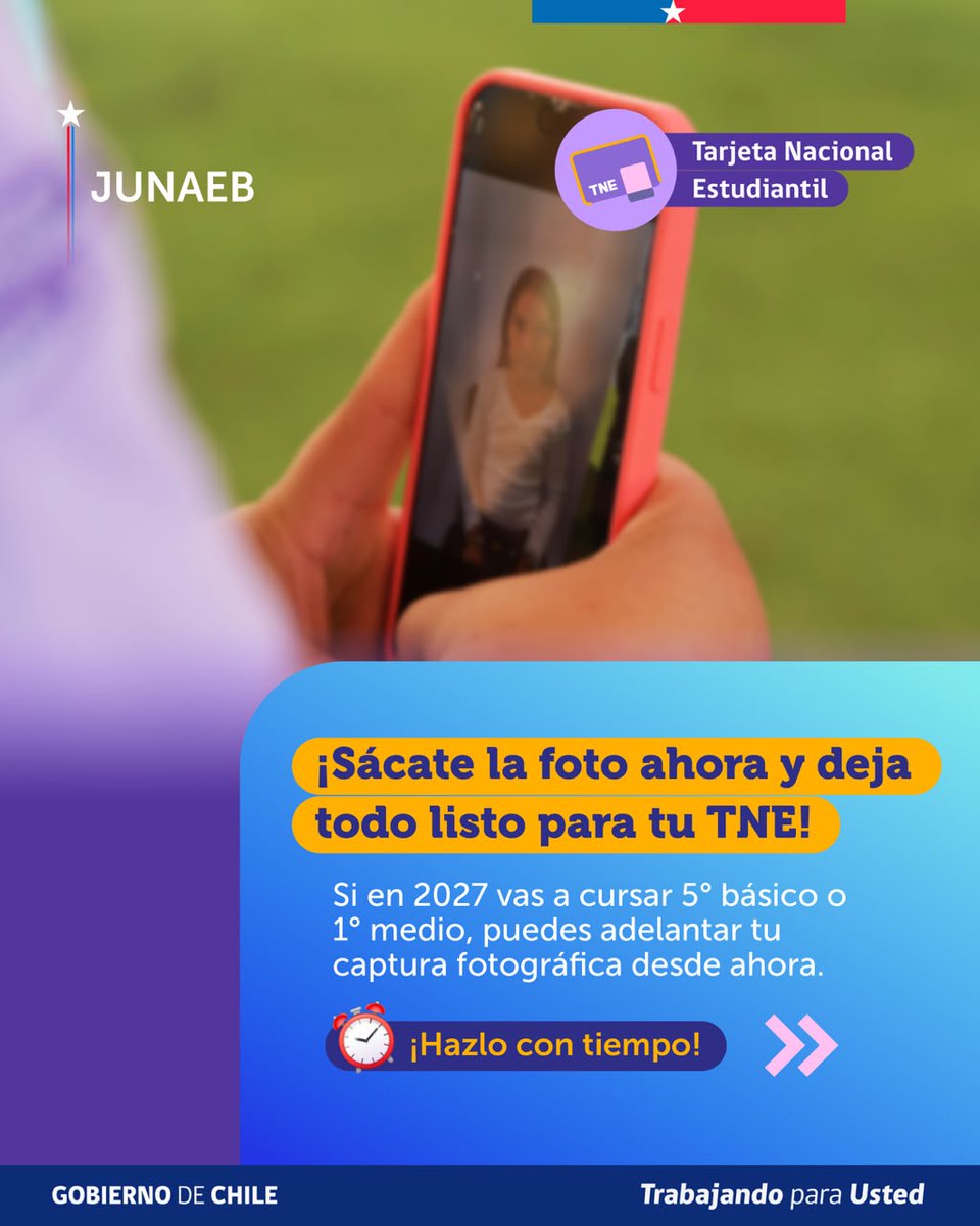 junaeb's tweet photo. ¡Captura tu aura y farmea desde ahora! 📸Si en 2027 pasas a 5° básico o 1° medio, te toca obtener tu TNE🪪

Ya puedes sacarte la foto en tu establecimiento educacional hasta el 30 de noviembre🤳

Consulta en tu colegio o en https://t.co/zWPvVx8RJX 🌐 https://t.co/6nOFBPjOsa