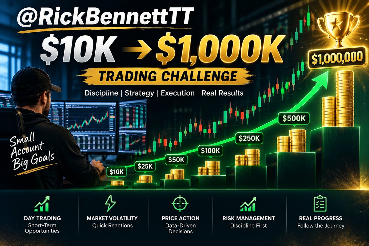 RickBennettTT's tweet photo. 🔥 My $10K → $1,000,000 Trading Challenge
I’m officially taking on one of my biggest trading challenges yet: turning a $10K account into $1M.
This isn’t about getting rich overnight or hitting one lucky trade. For me, it’s about proving what discipline, strategy, execution, and risk management can accomplish over time.
My focus every day:
📈 Short-term opportunities
⚡ Market volatility
🎯 Price action & momentum
🛡️ Risk management
📊 Consistent execution
I’ll be sharing the journey — the progress, the setups, the lessons, and the difficult days too.
$10K is the starting line. $1M is the goal.
No shortcuts. One trade at a time. 🔥
Follow @RickBennettTT and watch the journey unfold.
#DayTrading #StockMarket #Trading #PriceAction #RiskManagement #Stocks