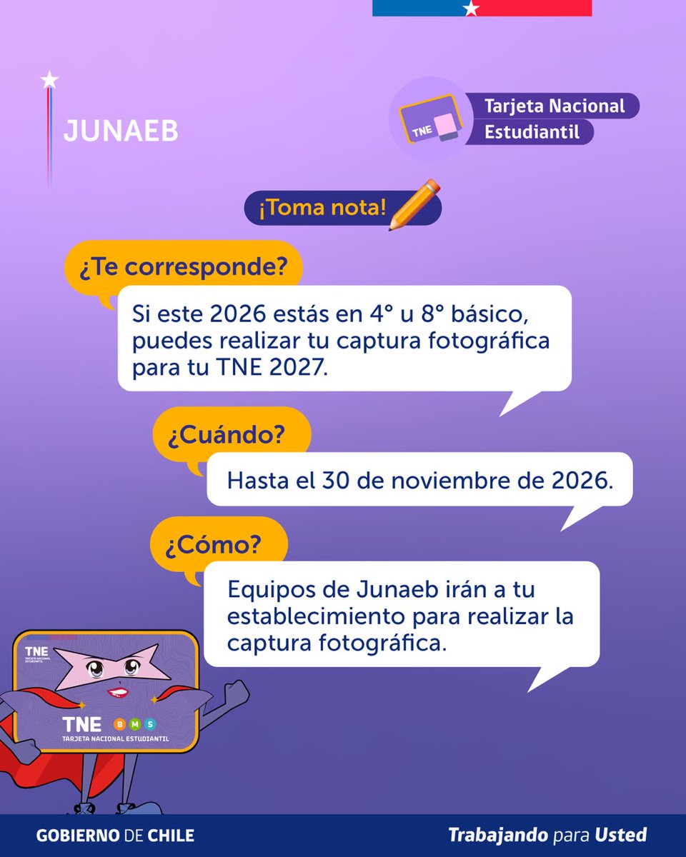 junaeb's tweet photo. ¡Captura tu aura y farmea desde ahora! 📸Si en 2027 pasas a 5° básico o 1° medio, te toca obtener tu TNE🪪

Ya puedes sacarte la foto en tu establecimiento educacional hasta el 30 de noviembre🤳

Consulta en tu colegio o en https://t.co/zWPvVx8RJX 🌐 https://t.co/6nOFBPjOsa