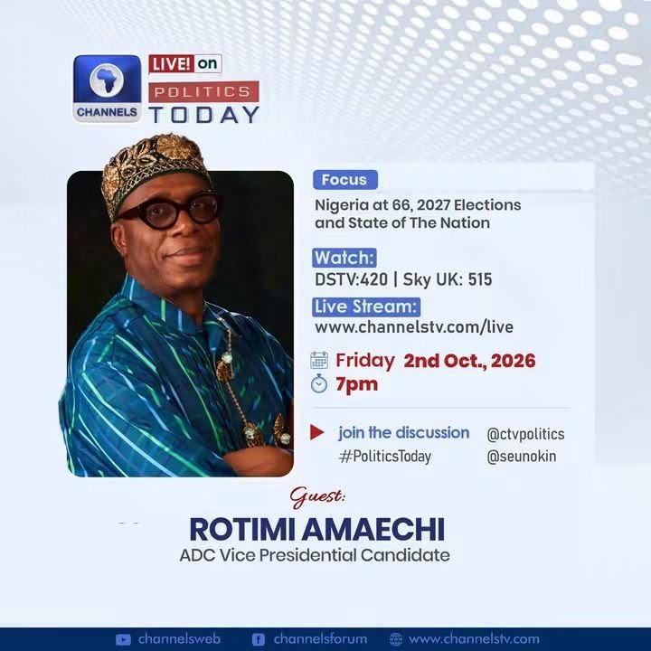 SoprialaMembere's tweet photo. His Excellency, Rt. Hon. Chibuike Rotimi Amaechi (@ChibuikeAmaechi) ADC Vice-Presidential Candidate, will be LIVE on @channelstv today at 7:00 PM.

Don’t miss the conversation.

#MakeNigeriaAffordableAgain
#ADC https://t.co/7K1NTLMiYM