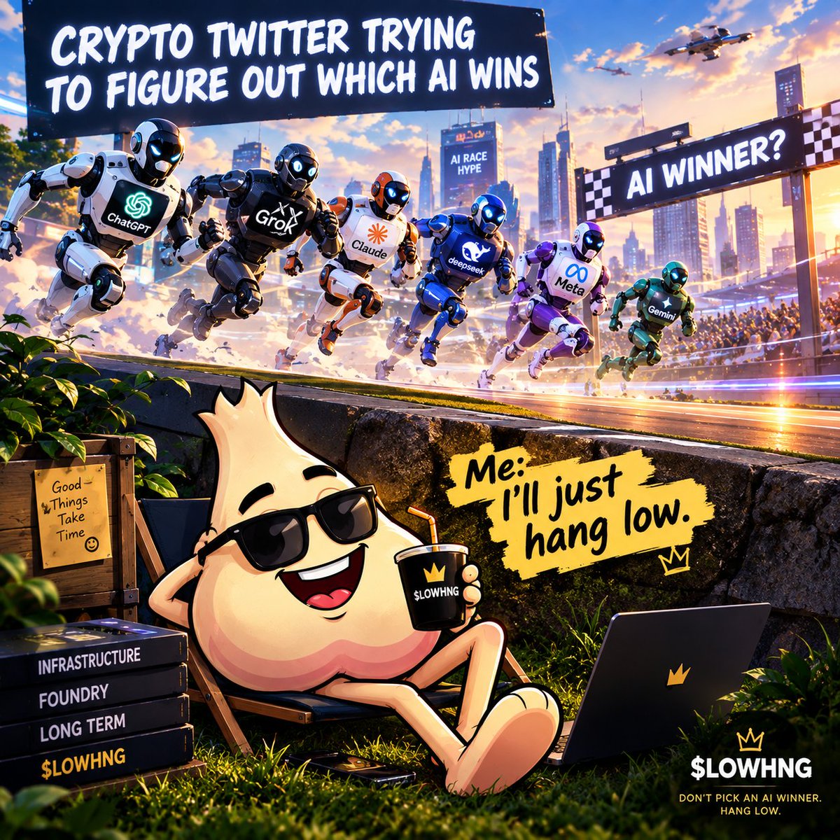 Sammyweb9's tweet photo. Everyone is busy trying to figure out which AI wins…
Meanwhile, $LOWHNG is just sitting back like:
“I’ll just hang low.” 😂
No need to pick a winner when you can enjoy the race. 
$LOWHNG  Don’t pick an AI winner. Hang low.
#LOWHNG #MemeContest https://t.co/FcvgfuoAo3