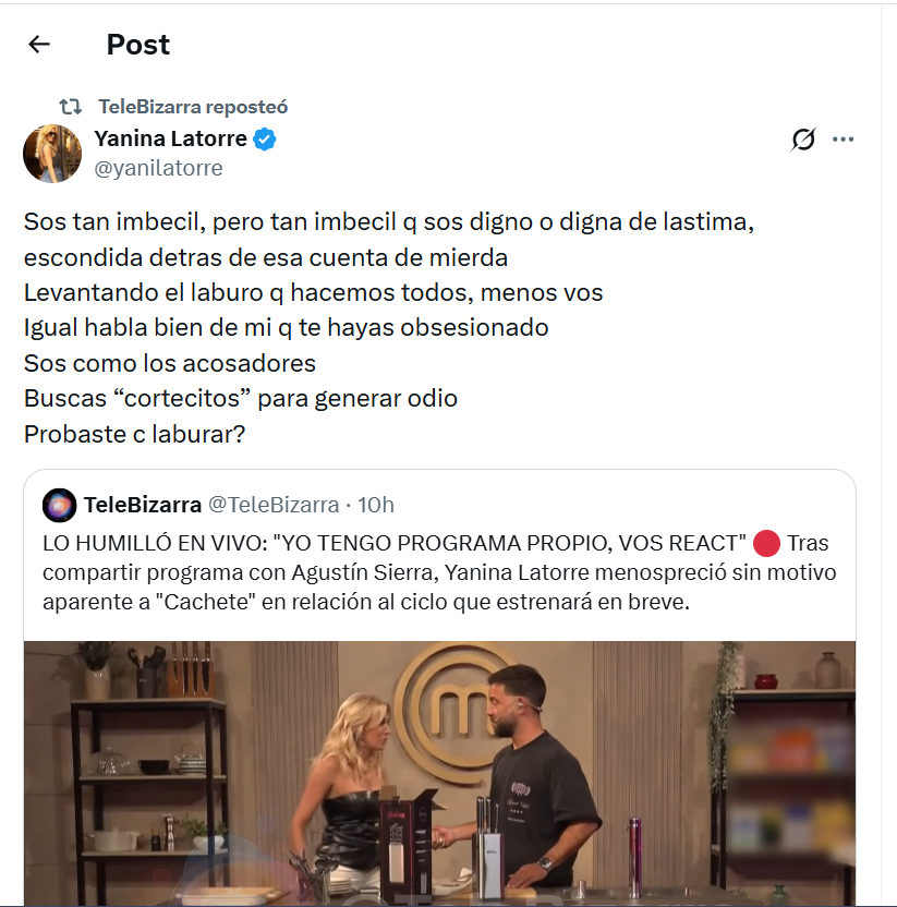 JulioCesarrMM's tweet photo. Lo caradura que tenes que ser para hablar de acoso y ''generar odio'' siendo la odiadora #1 del pais. Me encanta como @TeleBizarra la saca. https://t.co/4UujqUosXn