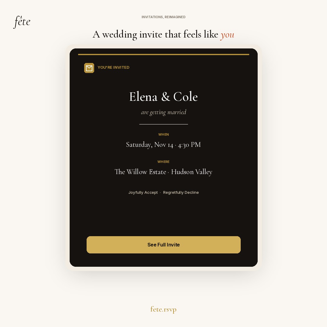 FeteRsvp's tweet photo. A wedding invite that feels like you — Elena &amp; Cole, Nov 14 at The Willow Estate.

Joyfully Accept. Regretfully Decline. Zero ads, ever.

https://t.co/R4a93xY6hN https://t.co/AZw0pHlEXr