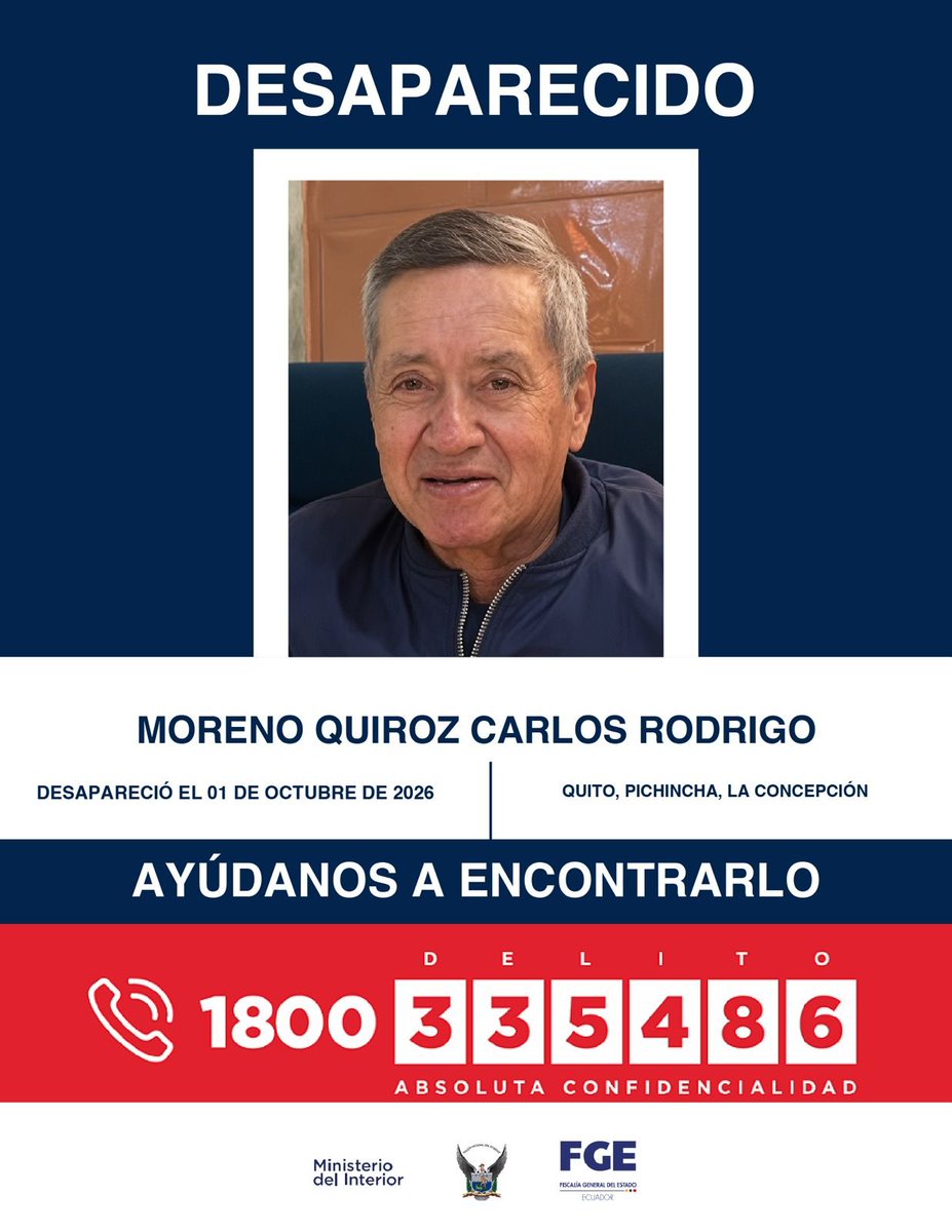 FiscaliaEcuador's tweet photo. #DesaparecidosEcuador | #Pichincha: si tienes información sobre la ubicación de Carlos Rodrigo Moreno Quiroz, comunícate de inmediato con las autoridades. Fue visto por última vez el 1 de octubre de 2026, en el sector de La Concepción, norte de #Quito. https://t.co/gjgqMDyk7d