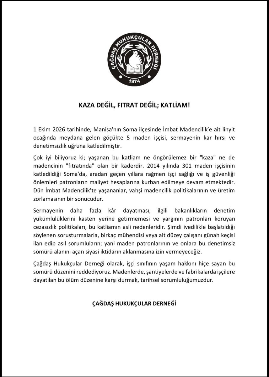 Chdgnlmerkez1's tweet photo. KAZA DEĞİL, FITRAT DEĞİL; KATLİAM!
İmbat Madencilikte katledilen madencileri saygıyla anıyoruz. 
İşçi sınıfının yaşam hakkını hiçe sayan sömürü düzenini reddediyoruz.Madenlerde, şantiyelerde ve fabrikalarda işçilere dayatılan ölüm düzenine karşı durmak tarihsel sorumluluğumuzdur. https://t.co/BROS1CRf9H