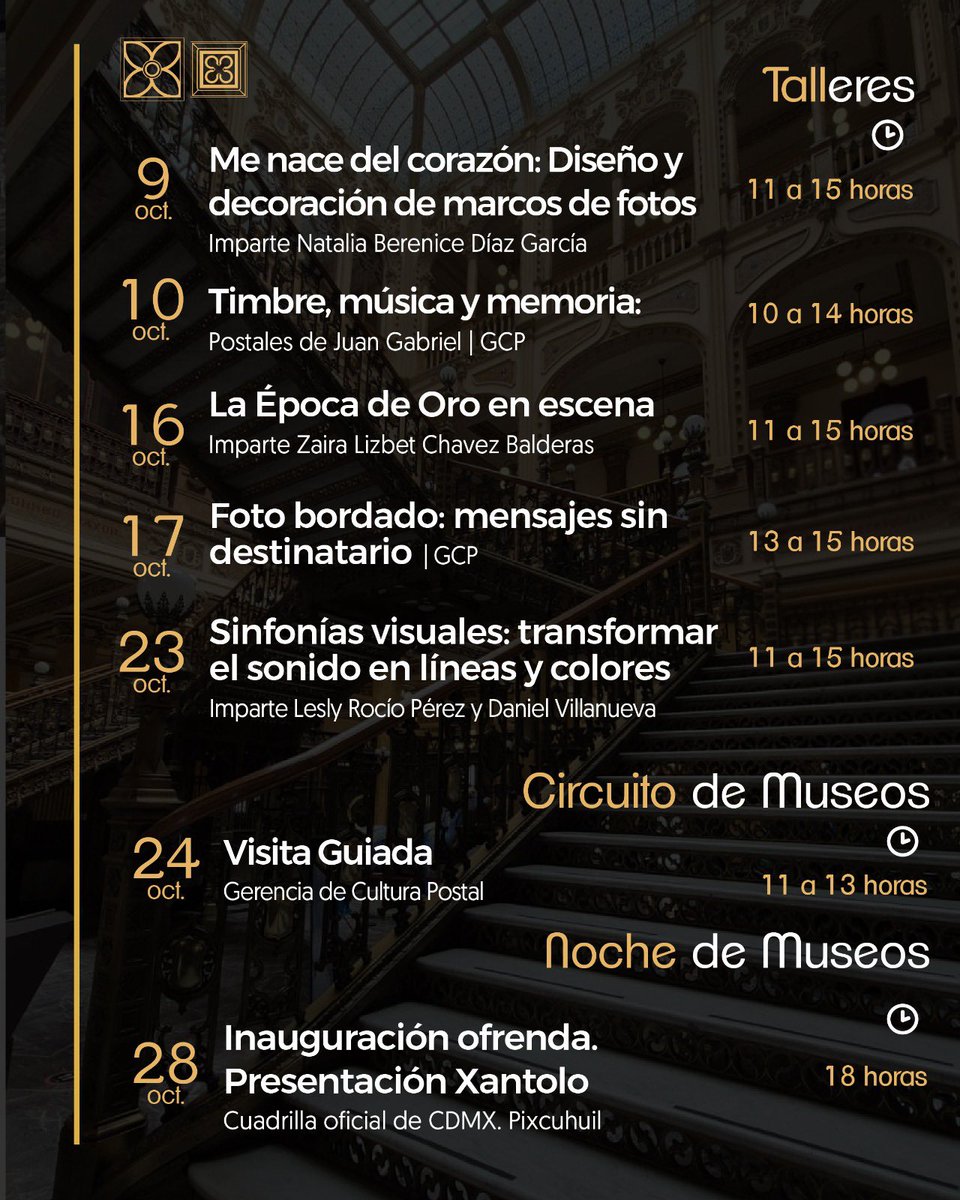 Palacio_Postal's tweet photo. 🍂 ¿Ya sabes qué hacer este #octubre?

El #PalacioPostal tiene nuevas #experiencias para ti. 🎨🖼️📚

Echale un vistazo a la #cartelera del mes, para que no te pierdas ninguna de las actividades que tenemos preparadas para ti. 

¡Nos vemos en el # museo!  💫 https://t.co/bbsBehjnpT