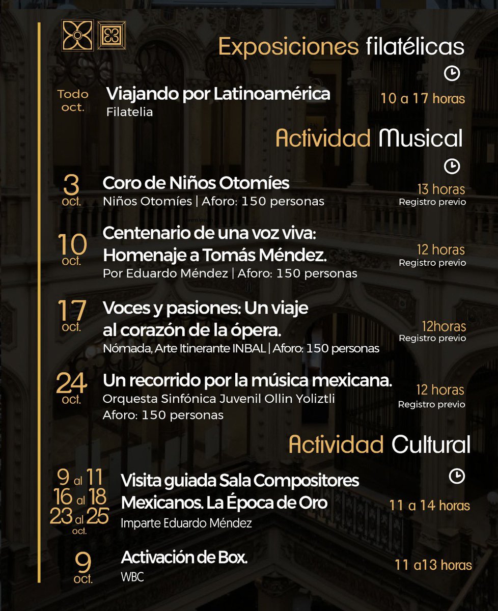 Palacio_Postal's tweet photo. 🍂 ¿Ya sabes qué hacer este #octubre?

El #PalacioPostal tiene nuevas #experiencias para ti. 🎨🖼️📚

Echale un vistazo a la #cartelera del mes, para que no te pierdas ninguna de las actividades que tenemos preparadas para ti. 

¡Nos vemos en el # museo!  💫 https://t.co/bbsBehjnpT