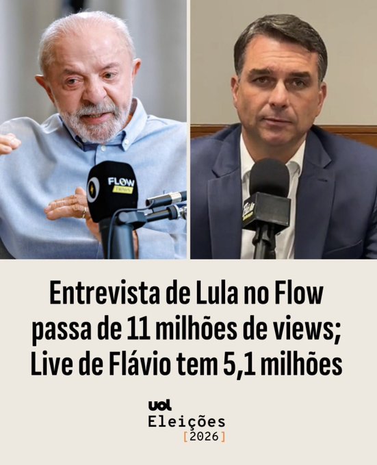 A split image shows Brazilian President Lula on the left speaking into a "Flow" podcast microphone, alongside Senator Flávio Bolsonaro on the right with a similar mic setup. The caption reads "Entrevista de Lula no Flow passa de 11 milhões de views; Live de Flávio tem 5,1 milhões," highlighting that Lula's Flow podcast interview surpassed 11 million views while Flávio's live stream reached 5.1 million, tying into the post's reference to Lula's appearance on Flow.