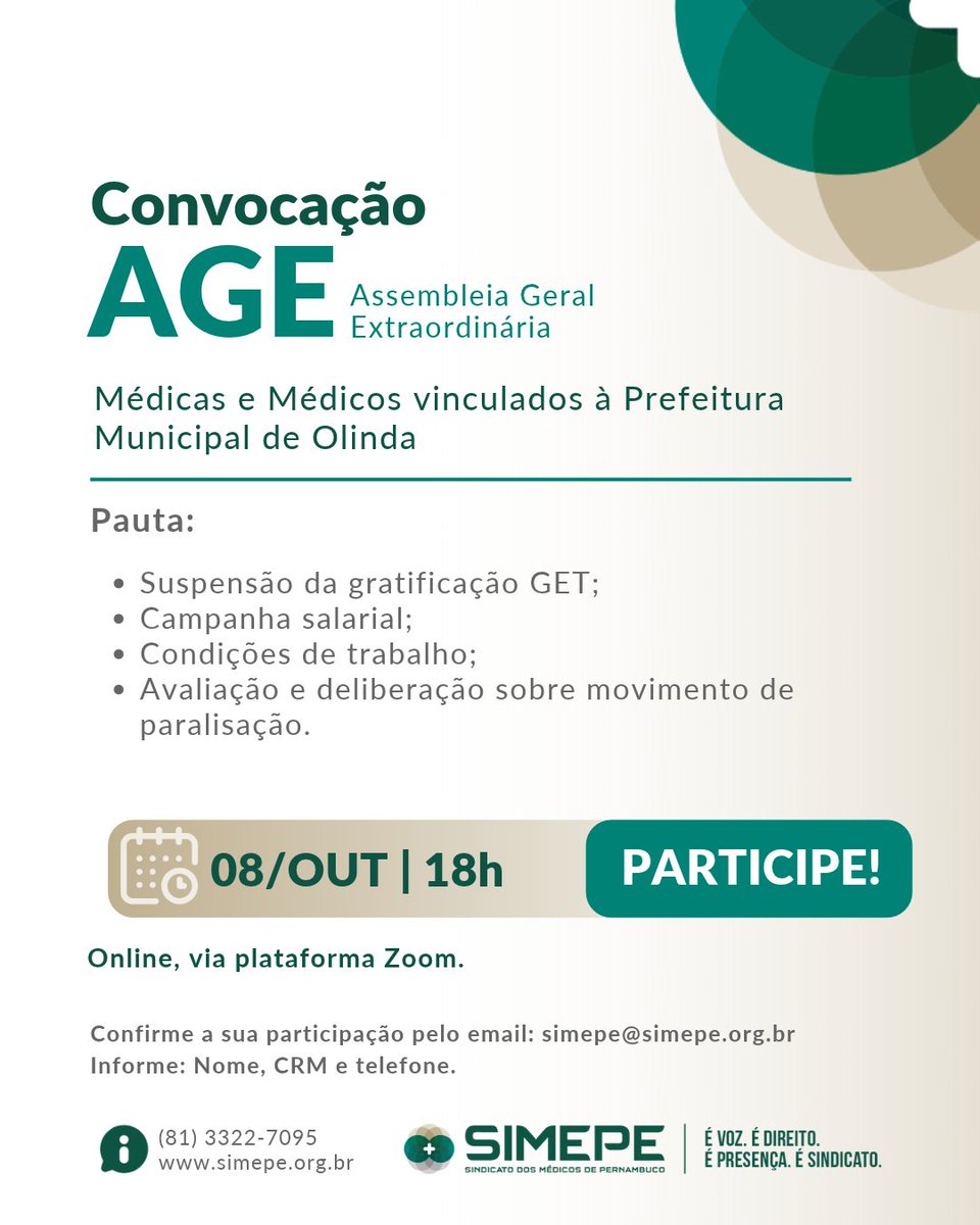 imprensasimepe's tweet photo. Atenção, médicas e médicos vinculados à Prefeitura de Olinda! O Simepe convoca todos para uma AGE, que acontecerá de forma remota, no dia 08 de outubro,  às 18h.📧 Confirme sua participação pelo e-mail: simepe@simepe.org.br (informe: nome, CRM e telefone). https://t.co/6D2RIowcAl
