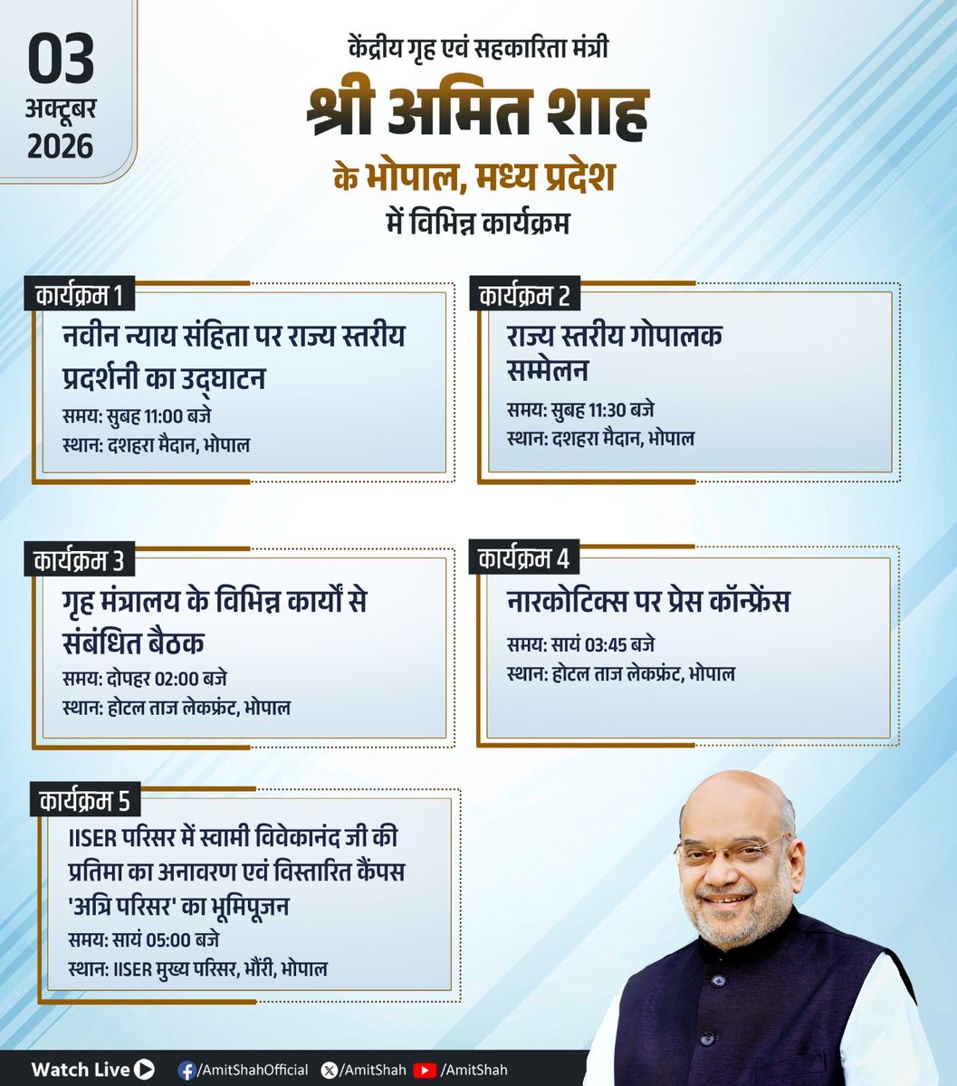 AmitShahOffice's tweet photo. केन्द्रीय गृह एवं सहकारिता मंत्री श्री @AmitShah जी के कल भोपाल (मध्य प्रदेश) में विभिन्न कार्यक्रम। https://t.co/KKv5yPo9ZN