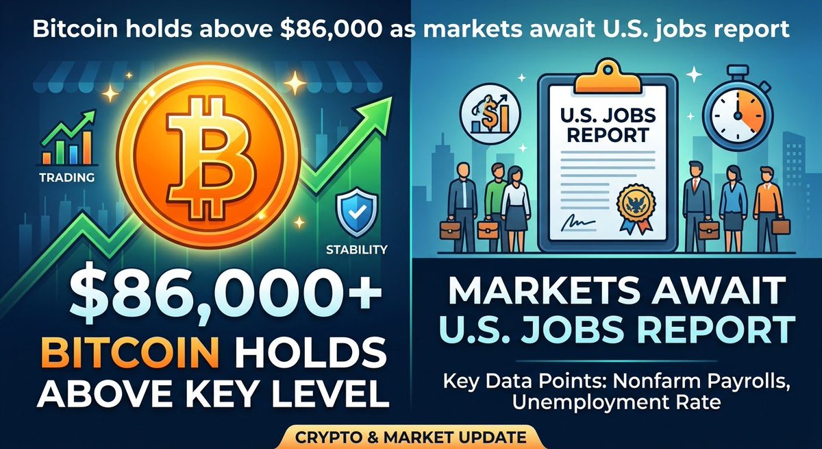 Zenvyro__'s tweet photo. Bitcoin is holding above $86K, up nearly 2% in 24 hours. Now attention turns to the U.S. jobs report, with 4.1% unemployment and 90K jobs expected. DXY, yields, and oil remain key macro signals. Volatility could pick up quickly.
#BingX https://t.co/tR6aiUwpYs