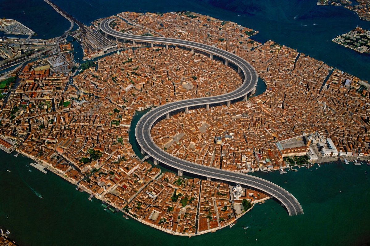 USAS_WW1's tweet photo. #Urban #UrbanPlanning #Cities #Venice #Italy: 1950's or 1960's American urban designers 100% would've proposed this for Venice! 🤣🤣🤣 (Actually, Venice has zero cars (except by Piazzale de Roma). 📸@davsot: https://t.co/s9JtMqZVRC